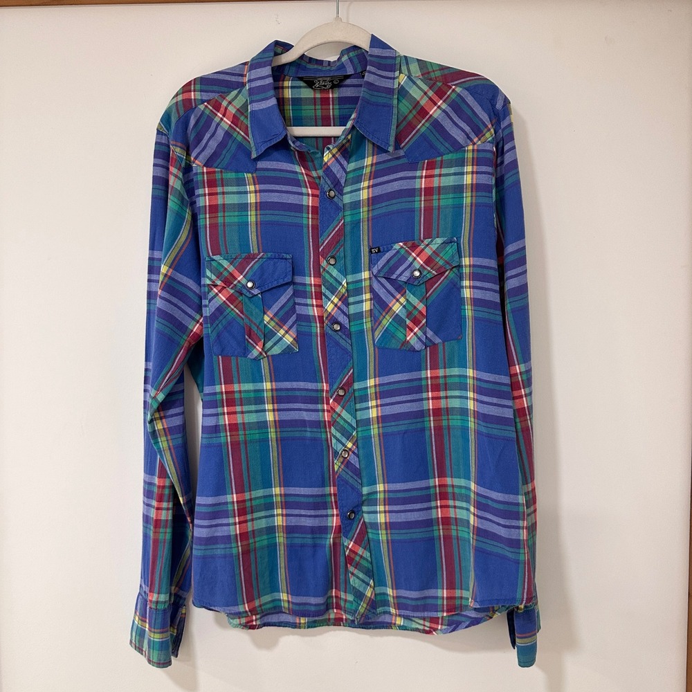 Salt Valley Western Plaid Pearl Snap Shirt Womens L Blue Long Sleeve Westerncore